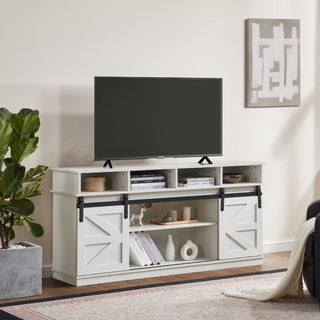TV Stand Sliding Barn Door Modern Farmhouse Wood Entertainment Center, Storage Cabinet Table Living Room With Adjustable Shelves For TVs Up To 65,White