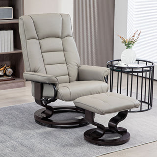 Faux Leather Recliner With Ottoman, Swivel Recliner Chair And Ottoman With High Back And Wood Base, Gray