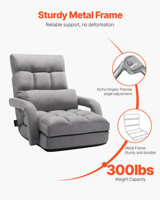 Floor Chair, Floor Gaming Chair With 5 Adjustable Position And Back Support, Folding Sofa Chair With Armrest For Adults, Sofa Lounger Bed With Back Cushion For Living Room And Bedroom, Gray