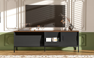 U-Can 70.8'' Modern TV Stand For TVs Up To 75 Inches, Entertainment Center With Storage Space, Sliding Doors, Adjustable Shelves And Metal Frame, Mid Century Modern Media TV Console Table For Living R