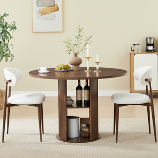 31.5 Round Dining Table Serves 2-4 With Two Dining Chairs Blends Modern And Farmhouse Styles, Featuring A Double-tiered Storage Shelf, Suitable For Dining Rooms Or Living Spaces.Walnut