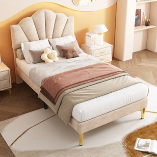 Velvet Upholstered Bed,Single Bed-3ft 90x190cm, Shell-like Bed With Golden Iron Legs, Wooden Slatted Frame, Upholstered Bench With Storage Space 90x40x42cm