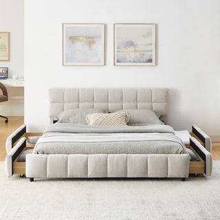 Queen Size Upholstered Bed ,comfortable Upholstered Bed Frame, Chenille Fabric, With Headboard And Solid Bed Frame. With Drawer For Storage.-Beige 88.5x68.5x31