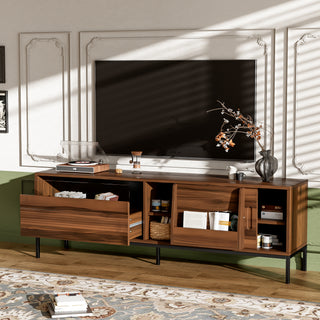 U-Can 70.8 Modern TV Stand For TVs Up To 75 Inches, Entertainment Center With Storage Space, Sliding Doors, Adjustable Shelves And Metal Frame, Mid Century Modern Media TV Console Table For Living R