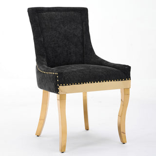 Chenille Dining Chairs, Modern Style With Curved Gold - Plated Legs & Rivet Trim, Upholstered Comfort For Dining Lounge, Accent Seating With Textured Fabric & One - Piece Structure, Black,Set Of 2