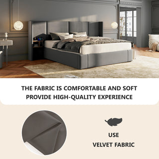 Upholstered Bed, King Size Bed-5ft150x200cm,Velvet Ottoman Lift Up King Size Bed Frame, Hydraulic Wide-ear Bed With USB Connection, With Sockets, With Two Bedside Tables,No Mattress,  Grey