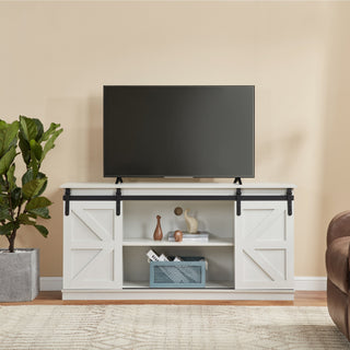 58 Farmhouse TV Stand And Entertainment Center For Televisions Up To 65 Inchs,with Sliding Barn Doors And Storage Cabinets,White