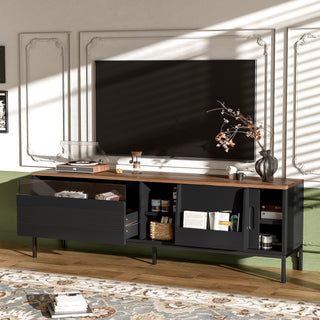 U-Can 70.8'' Modern TV Stand For TVs Up To 75 Inches, Entertainment Center With Storage Space, Sliding Doors, Adjustable Shelves And Metal Frame, Mid Century Modern Media TV Console Table For Living R