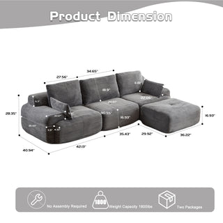 Modern Memory Foam Compressed Sofa,Large Sectional Couches For Living Room,Pet-Friendly Cloud Modular Sectional Sofa,Corduroy Fabric,Extra Deep Loveseat,No Assembly Required,GREY