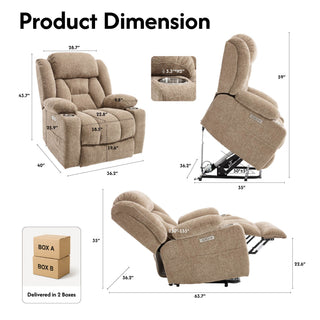 Power Lift Recliner Chair With Massage & Heat, Single Motor Lift Chair, Chenille Fabric Upholstery, USB Type-C, Cup Holders, Side Pockets, Light Brown