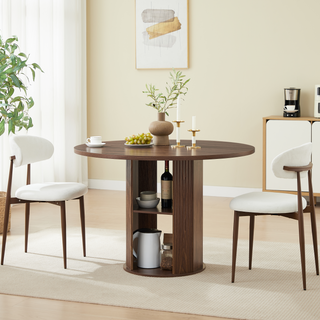 31.5 Round Dining Table Serves 2-4 With Two Dining Chairs Blends Modern And Farmhouse Styles, Featuring A Double-tiered Storage Shelf, Suitable For Dining Rooms Or Living Spaces.Walnut