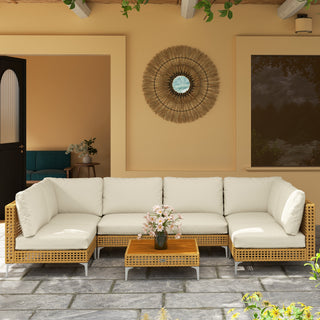 7 Piece Wicker Patio Furniture Set, Modular Outdoor Sectional with Thickened Cushions, Acacia Wood Table, Khaki/Beige