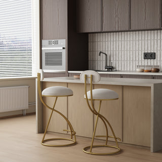 Round Bar Stool Armless Velvet Barstools With Back Set Of 2 Upholstered Counter Chair For Dining Room, Kitchen Island Gold  Creamy White