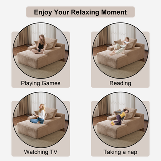 Oversized Chaise Lounge Chair Cozy Cloud Couch, Modern Plush Corduroy Upholstered Sleeper Sofa Daybed With 3 Throw Pillows And Wide Armrest For Living Room, No Assembly Required,Beige