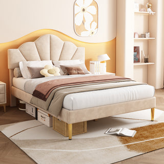 Velvet Upholstered Bed,Double Bed-4ft6 135x190cm, Shell-like Bed With Golden Iron Legs, Height-adjustable Headboard, Wooden Slatted Frame, Beige