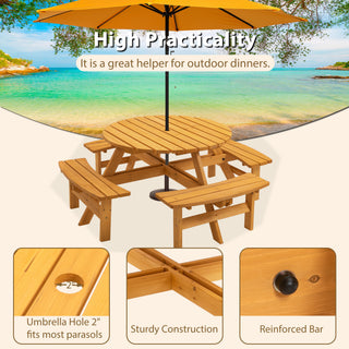 8 Person Wooden Picnic Table, Outdoor Camping Dining Table With Seat, Garden, DIY W 4 Built-in Benches, 2220lb Capacity - Natural