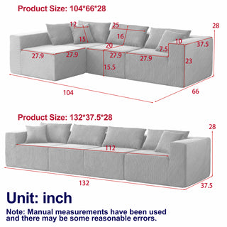 104-Inch Corduroy  Modular L Shaped Sectional Sofa,Luxury Floor Couch Set,Upholstered Indoor Furniture,Foam-Filled Compressed Sofa For Living Room,Bedroom,4 PC Free Combination