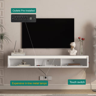 Floating TV Stand, Wall Mounted TV Shelf With Led Lights & Power Outlet,High Gloss TV Cabinet For White Tv Stands For Living Room