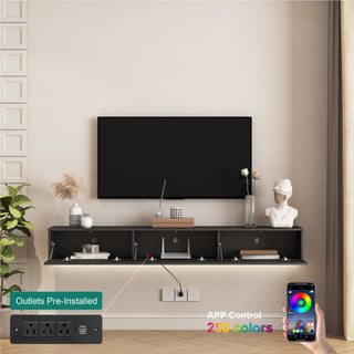 Floating TV Stand Wall Mounted With 16 Color LEDs,Modern TV Stand, Floating TV Cabinet Entertainment Center For 55 60 65 Inch TV,Black