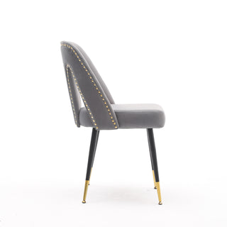 AA Furniture,Akoya Collection Modern Contemporary Velvet Upholstered Dining Chair With Nailheads And Gold Tipped Black Metal Legs Gray  Set Of 2