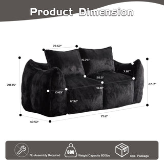 Giant Bean Bag Couch For Adults, Ultra Soft Fluffy Loveseat Bean Bag Sofa, Oversized Chase Lounge Chair Indoor For Living Room Bedroom, No Assembly Required Cozy Reading Chair With Pillows, Black