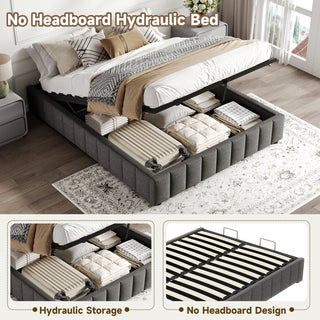 4ft6 Double Upholstered Storage Bed Frame, No Headboard  Linen Bed Frame With Hydraulic Storage, Channel Tufted  Ottoman Bed, Metal-Wood Support, No Box Spring Needed, Easy Assembly,Grey No Mattress