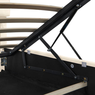 4ft6 Double Upholstered Bed Frame With Hydraulic Storage, Velvet Ottoman Bed With LED Lighting And Charging Station, Double Bed With Adjustable Button Tufted Headboard, Beige