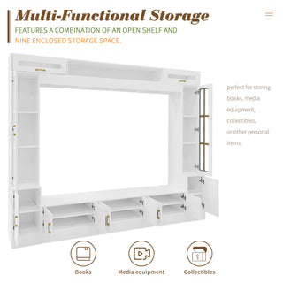 VIBE HAUS 98.4 W Wall Unit Entertainment Center With Bookshelves For TVs Up To 80, Modern TV Stand Media Console With Cabinets, Tempered Glass Doors And Adjustable Shelves For Living Room