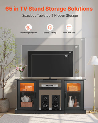 TV Stand For TVs Up To 65 Inch, Modern Entertainment Center With Light Strip, Wooden TV Cabinet Storage With Glass Doors And Adjustable Shelves, Console Table For Living Room And Bedroom, Black