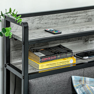 Full Bed Frame with Storage Upholstered Headboard, Full Size Bed Frame with LED Lights, Charging Station, Cement Gray