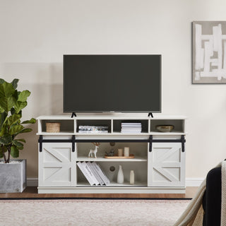 TV Stand Sliding Barn Door Modern Farmhouse Wood Entertainment Center, Storage Cabinet Table Living Room With Adjustable Shelves For TVs Up To 65,White