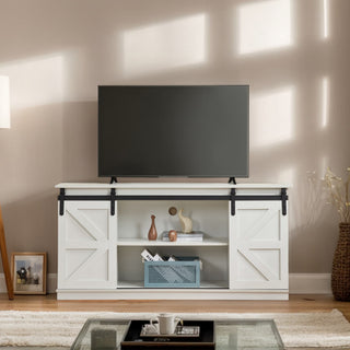 58 Farmhouse TV Stand And Entertainment Center For Televisions Up To 65 Inchs,with Sliding Barn Doors And Storage Cabinets,White