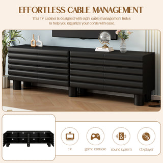 Stylish Thick Wavy Door TV Cabinet With Adjustable Shelves, Cream Style TV Stand With 4 Cabinets For TVs Up To 75 Solid Media Console With Cylindrical Legs And Cable Holes For Living Room, Black