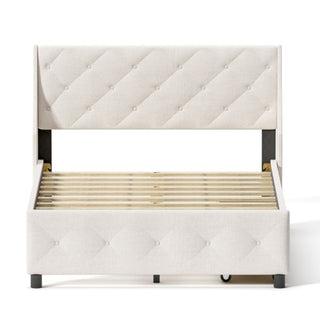 Queen Size Bed Frame With Storage Headboard, Metal Platform Bed No Noise, Mattress Foundation Strong Metal Slats Support No Box Spring Needed