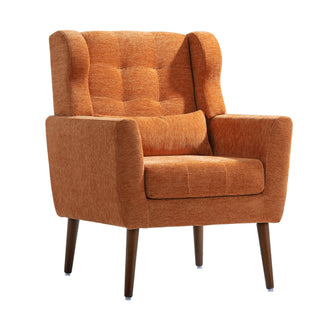 Modern Accent Chair,Chenille Arm Chairs For Living Room,Upholstered Mordern Armchair,Comfy Soft Padded Lounge Chair In Small Space, Bedroom, W-Pillow, Solid Wood Leg Orange