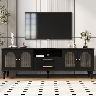 VIBE HAUS 68.9'' Retro TV Stand For TVs Up To 75 Inches, Entertainment Center Media Console With Fluted Glass Doors And Five Solid Wood Legs For Living Room