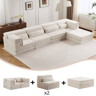 Compression Mahjong Sofa,Convertible Floor Sofa Bed,DIY Boneless Modular Sectional Sofa,No Assembly Required,Circle Fleece Fabric,Oversized 4 Seater With 1 Ottoman,White