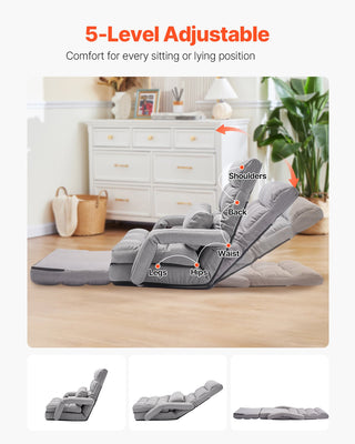 Floor Chair, Floor Gaming Chair With 5 Adjustable Position And Back Support, Folding Sofa Chair With Armrest For Adults, Sofa Lounger Bed With Back Cushion For Living Room And Bedroom, Gray
