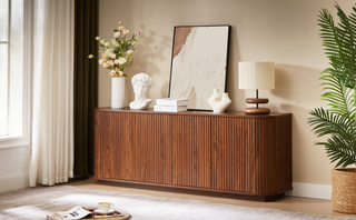 Sideboard Storage Cabinet TV Stand With Wave Pattern Buffet Cabinet Wooden Vertical Striped Cabinet For Kitchen Bedroom Entryway. Walnut, 64W X 15D X 24H.