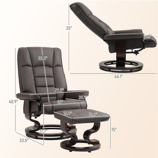 Faux Leather Recliner with Ottoman, Swivel Recliner Chair and Ottoman with High Back and Wood Base, Brown