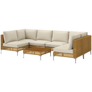 7 Piece Wicker Patio Furniture Set, Modular Outdoor Sectional with Thickened Cushions, Acacia Wood Table, Khaki/Beige