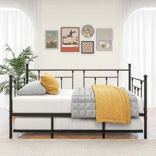 Twin Size Daybed Metal Frame With Trundle Set, Twin Day Bed Sofa, Daybed And Roll Sofa Bed For Guest Room, Bedroom, Living Room, Victorian Style, Black