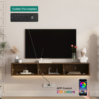 Floating TV Stand, Wall Mounted TV Shelf With Led Lights & Power Outlet,High Gloss TV Cabinet For Wood Tv Stands For Living Room
