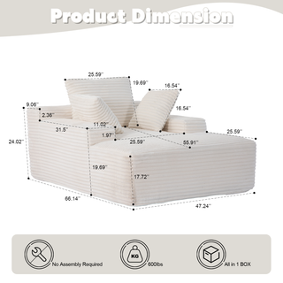 Oversized Chaise Lounge Chair Cozy Cloud Couch, Modern Plush Corduroy Upholstered Sleeper Sofa Daybed With 3 Throw Pillows And Wide Armrest For Living Room, No Assembly Required,White