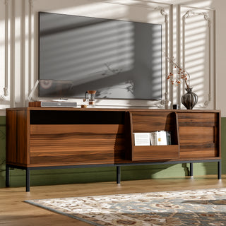 U-Can 70.8 Modern TV Stand For TVs Up To 75 Inches, Entertainment Center With Storage Space, Sliding Doors, Adjustable Shelves And Metal Frame, Mid Century Modern Media TV Console Table For Living R