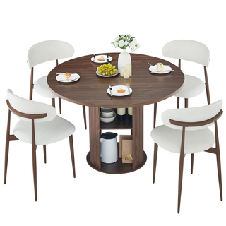 31.5 Round Dining Table Serves 2-4 With Two Dining Chairs Blends Modern And Farmhouse Styles, Featuring A Double-tiered Storage Shelf, Suitable For Dining Rooms Or Living Spaces.Walnut