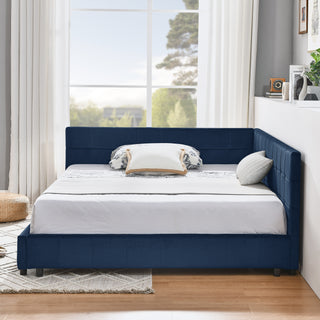 Full Size Upholstered Tufted  Bed Frame, Sofa Bed Frame With Comfortable Backrest And Armrests, Full Size Bed For Bedroom, Living Room,Velvet, Dark Blue 80.5x59x30.5