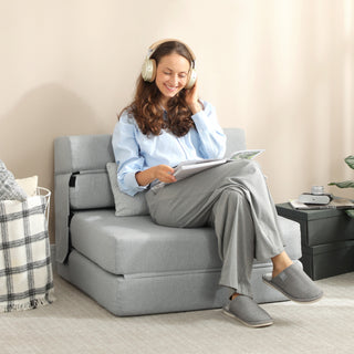 Folding Chair Bed with Pillow, Modern Linen Sleeper Sofa Bed for Living Room, Dorm, Guest Use, Light Gray