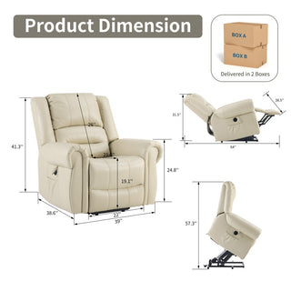 Power Lift Recliner Chair With Massage & Heat, Single Motor Lift Chair, Breathable PU Faux Leather, USB & Type-C, Side Pockets, Cream
