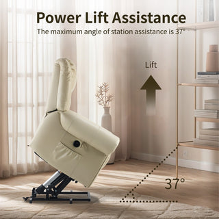 Power Lift Recliner Chair With Massage & Heat, Single Motor Lift Chair, Breathable PU Faux Leather, USB & Type-C, Side Pockets, Cream